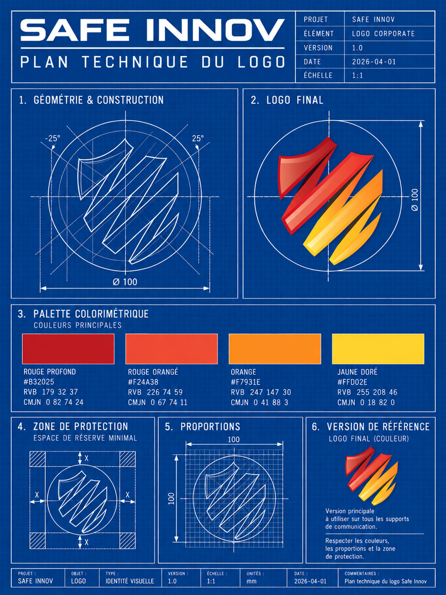 Plan technique du logo Safe Innov : géométrie, palette colorimétrique, zone de protection, proportions — identité visuelle réalisée par Naos