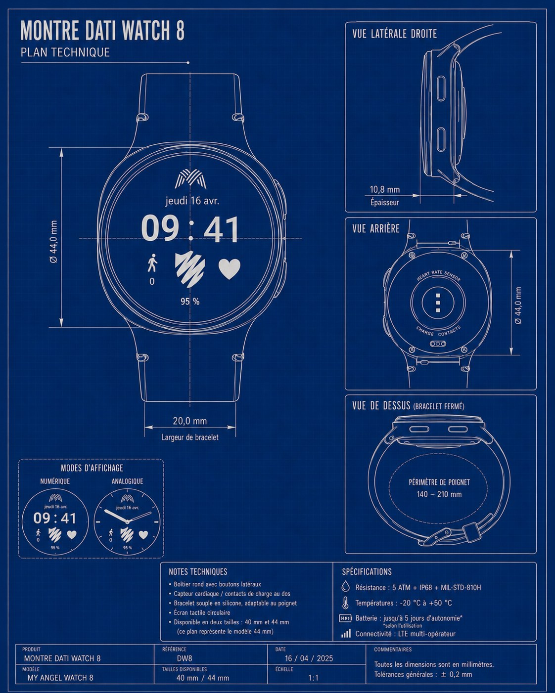Plan technique de l'application de montre connectée DATI développée par Naos pour My Angel